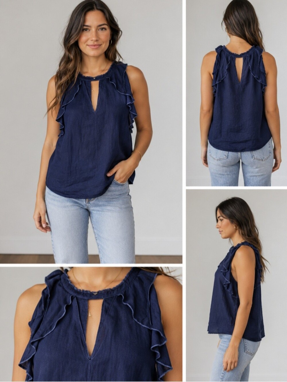 Maven West Deep Blue Ruffle Blouse